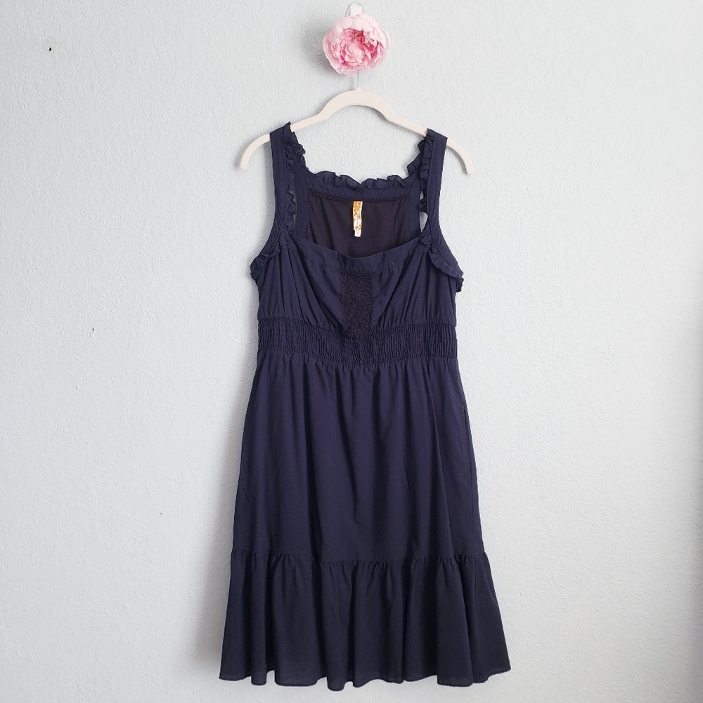 Anthropologie Maeve Navy Square Neck Smocked Ruffle Dress - Picture 2 of 11